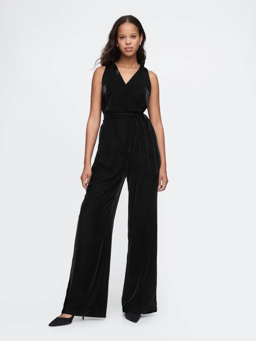 NWT GAP Black Velvet Sleeveless Maxi jumpsuit with Self-Tie Waist